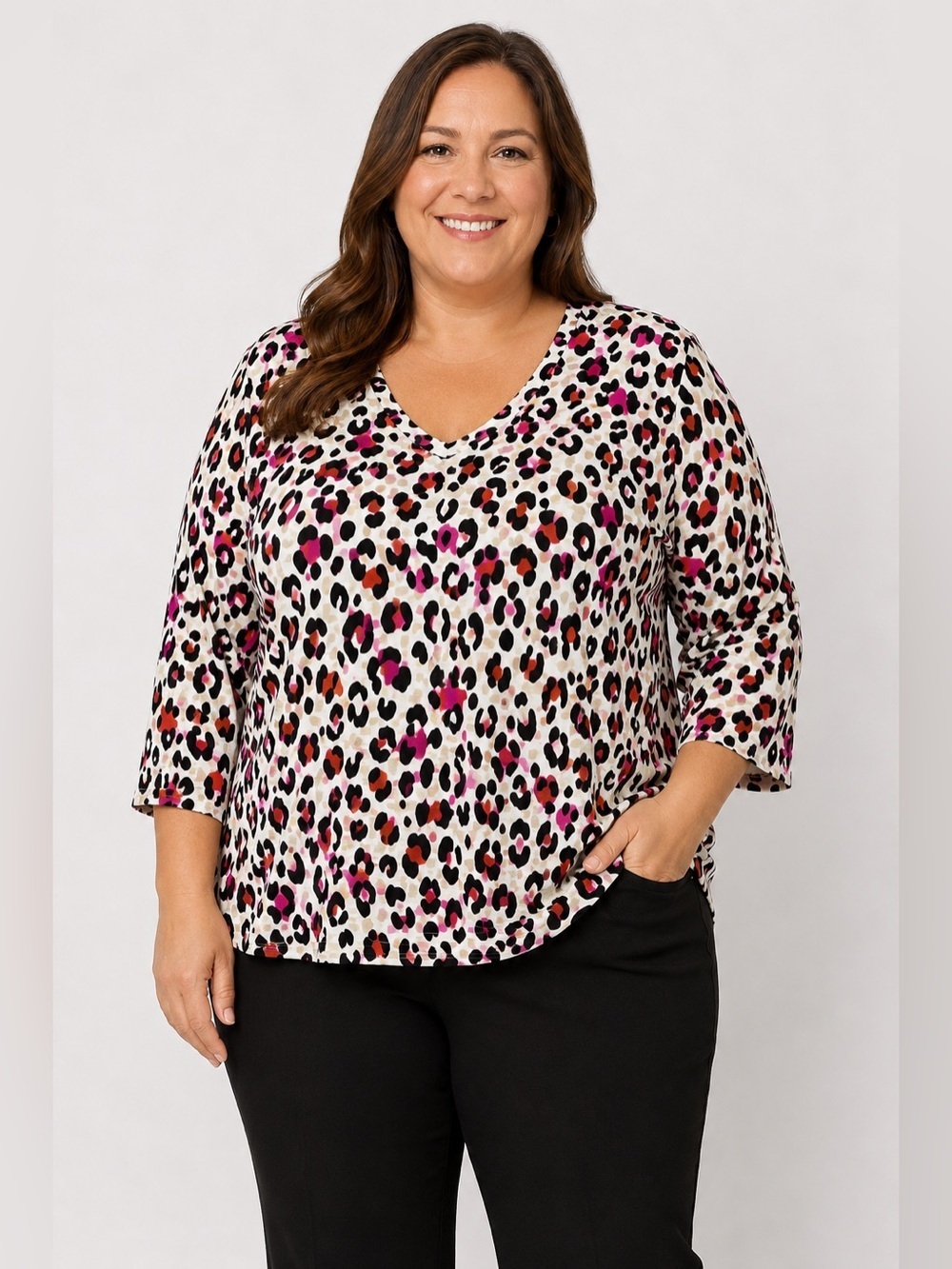 Chico's Multicolor Leopard Print V-Neck 3/4 Sleeve Top Plus Size 2X NWOT